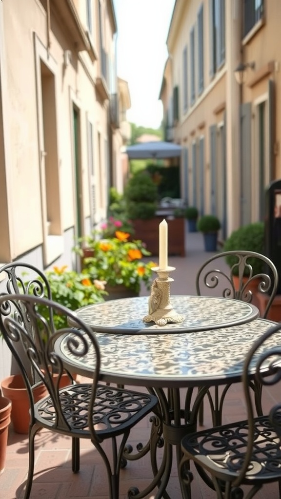 A charming patio with wrought iron furniture, featuring a decorative table and chairs surrounded by flowers.