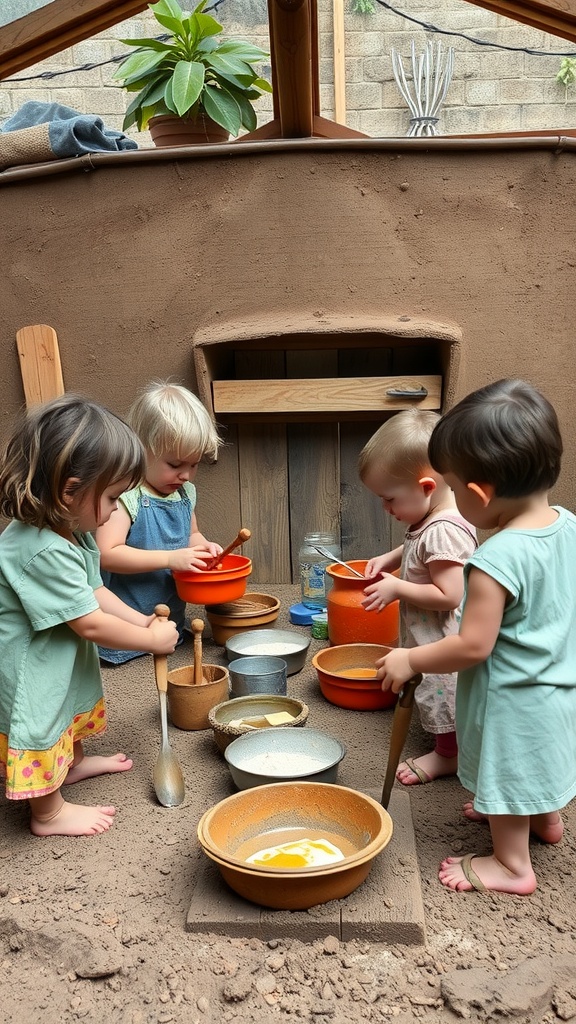 Four children playing in a mud kitchen, engaged in cooperative play with bowls and utensils