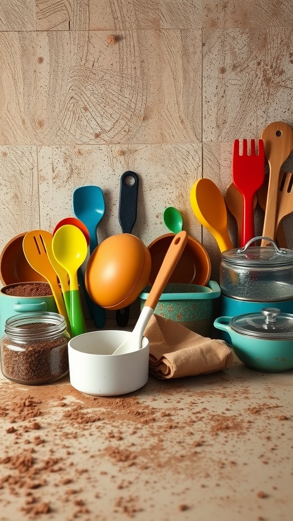 Colorful cooking utensils and bowls arranged in a playful display for outdoor cooking.