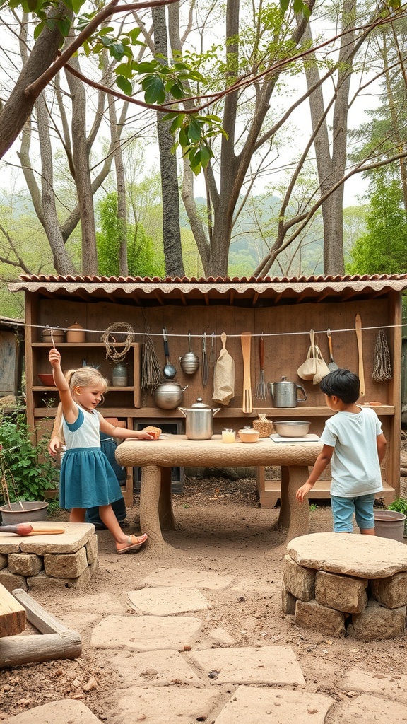 Children playing in a mud kitchen made of wood surrounded by trees