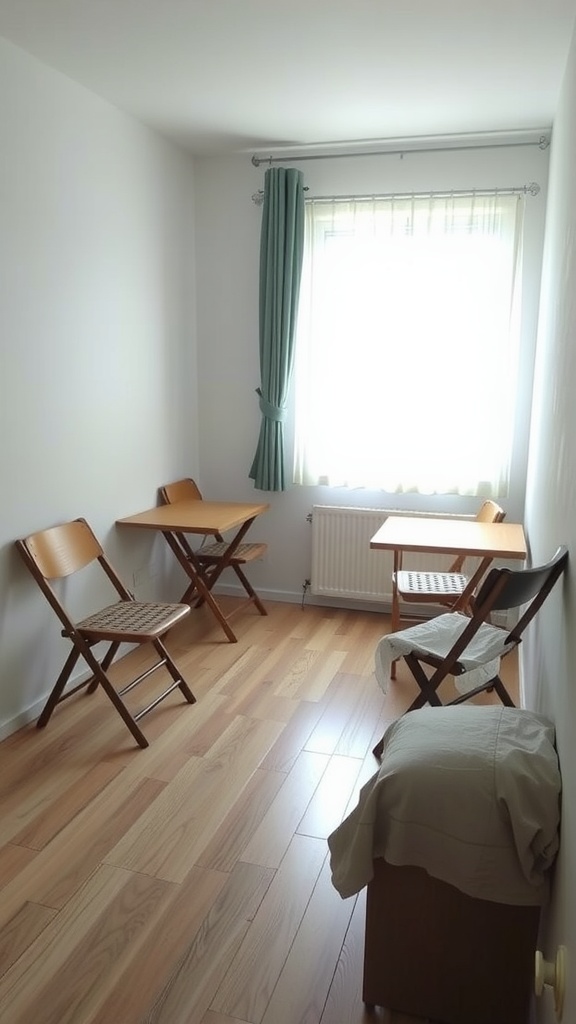 A small room featuring two foldable tables and several foldable chairs, demonstrating space-saving furniture.