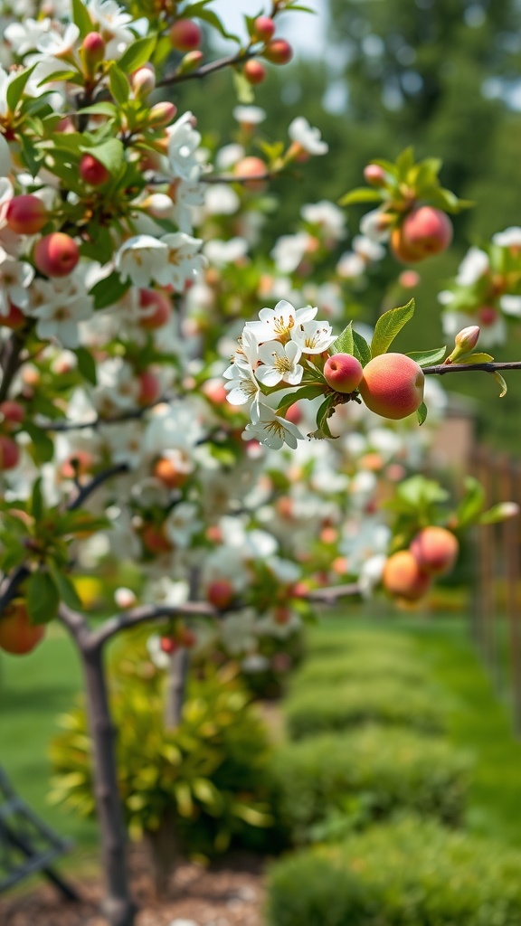 A pear tree in bloom with white flowers and small fruits in a backyard setting.