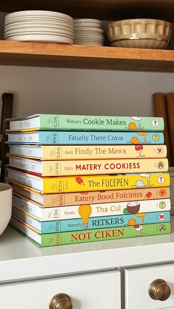 A stack of whimsical cookbooks with colorful covers and playful titles on a kitchen shelf.