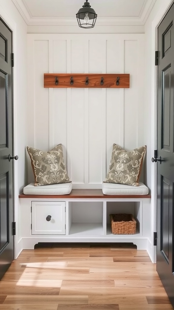 Cozy mudroom with a functional bench, storage drawer, and wall hooks.