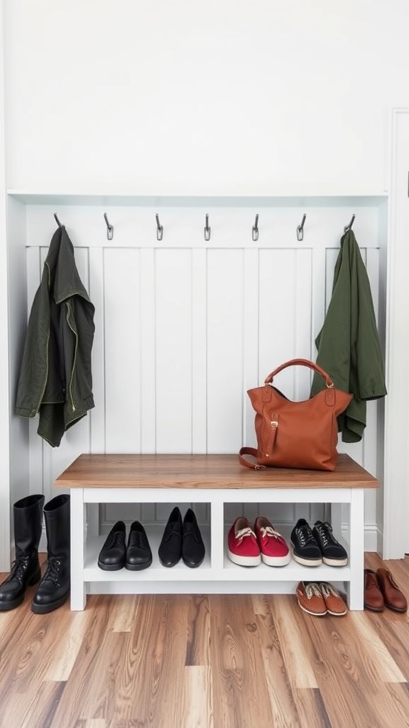 A mudroom with a functional bench and hidden storage, featuring coats hanging on hooks and various shoes neatly arranged below.