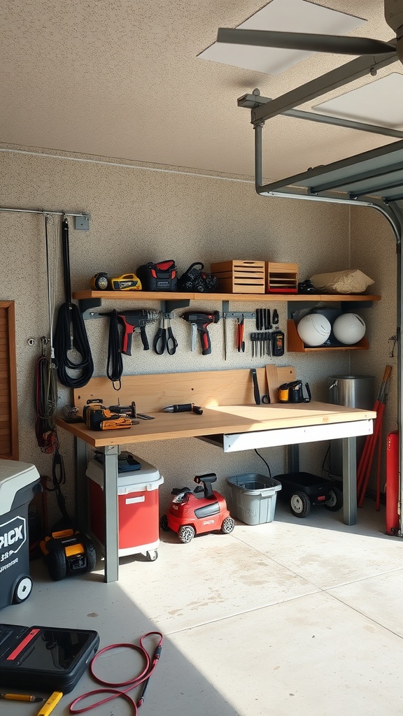 A garage with a folding workbench and organized tools on shelves