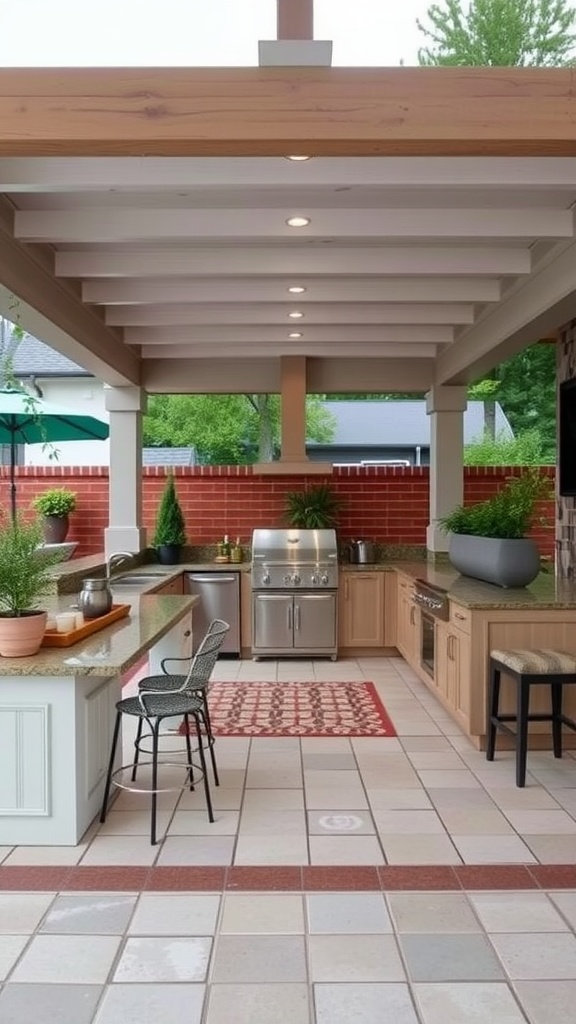 An outdoor kitchen with a functional layout, featuring a grill, counter space, and seating area, all under a covered structure.