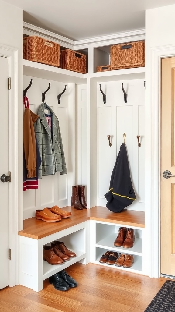 A well-organized mudroom featuring a bench, hooks for jackets, and baskets for storage.