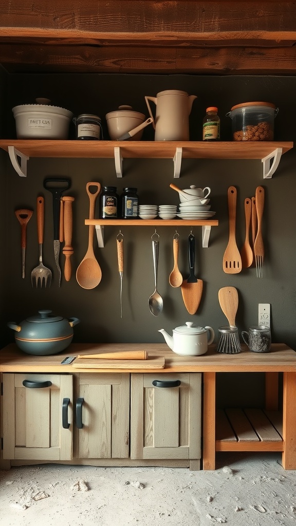 A well-organized mud kitchen with tools and storage solutions.