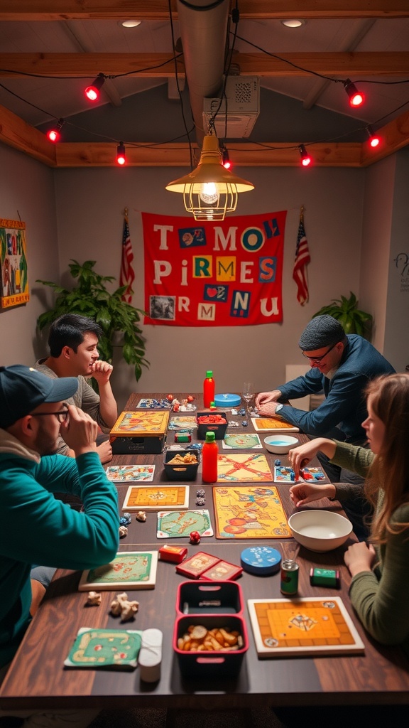 A cozy game night setup with friends gathered around a table filled with board games and snacks.