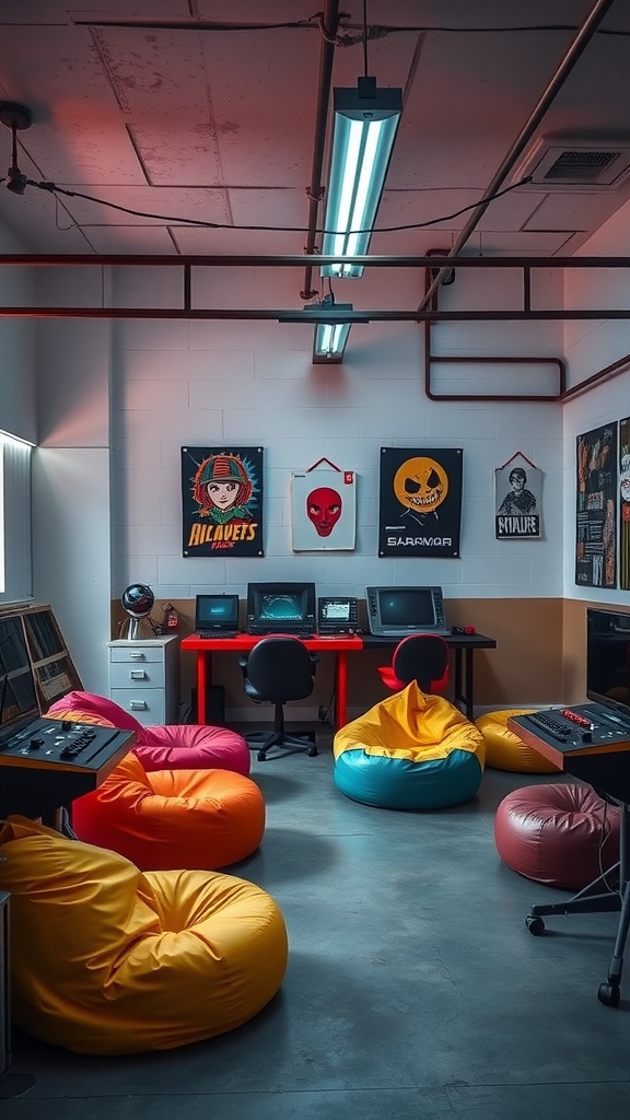 A game zone with colorful bean bags and retro gaming consoles and posters on the walls.