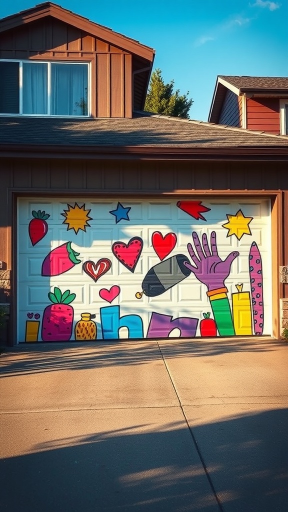 Garage door decorated with colorful custom artwork featuring stars, hearts, and playful shapes.