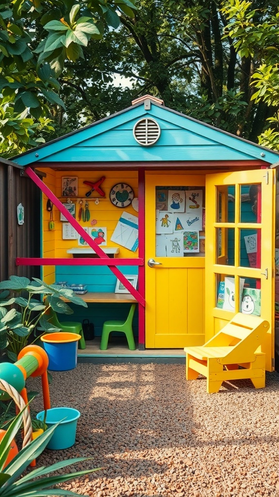 A colorful garden shed playhouse for kids with bright yellow and blue colors, decorated with drawings and surrounded by playful elements.