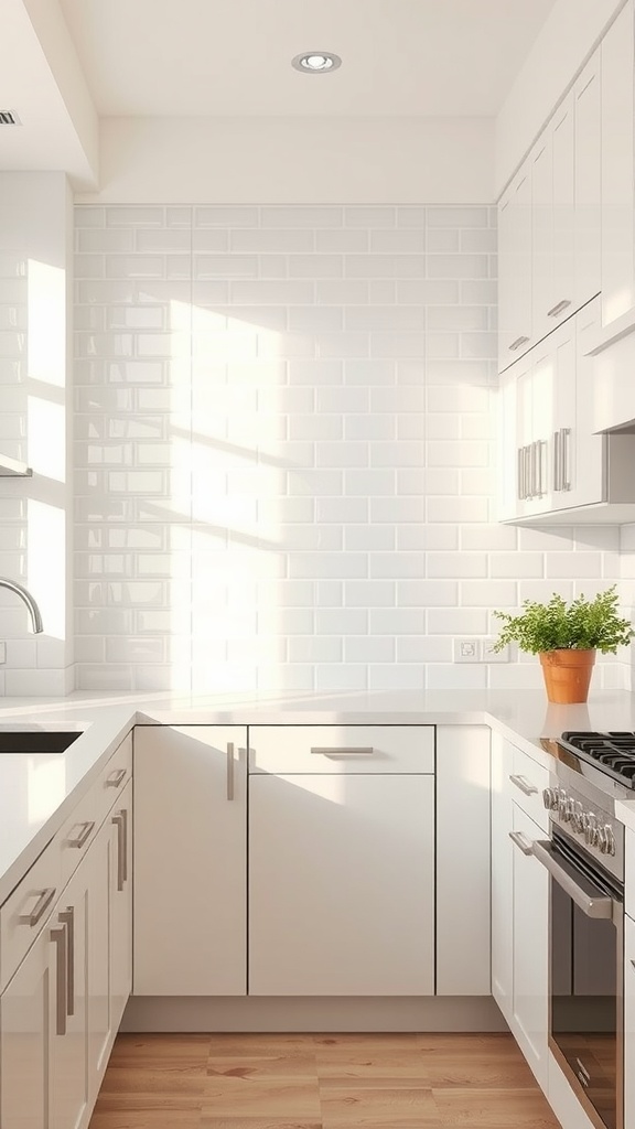 A modern kitchen featuring glass subway tiles as a backsplash with white cabinets and a wooden floor.