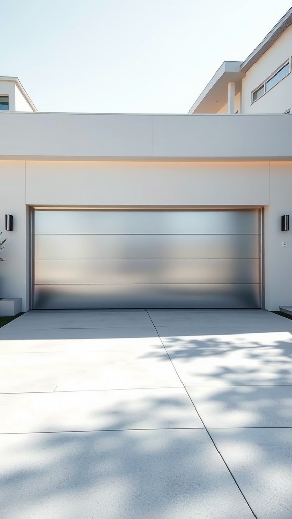 A modern garage door in glossy silver finish, showcasing a sleek and futuristic design.