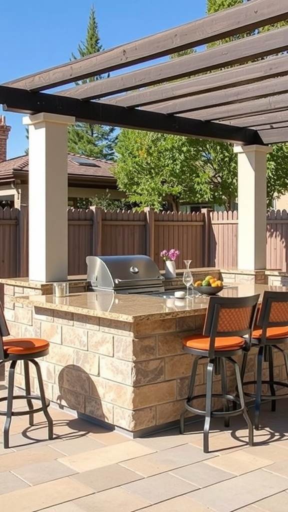 Outdoor kitchen patio featuring a stylish grill island with seating and a pergola