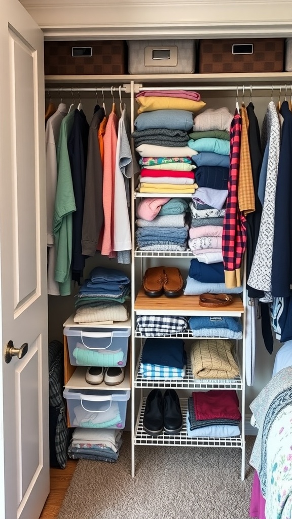 A well-organized closet with hanging clothes and neatly stacked sweaters