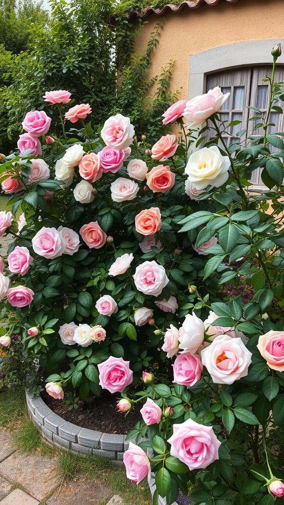 A cluster of heritage rose bushes with pink and white blooms beside a cozy home.