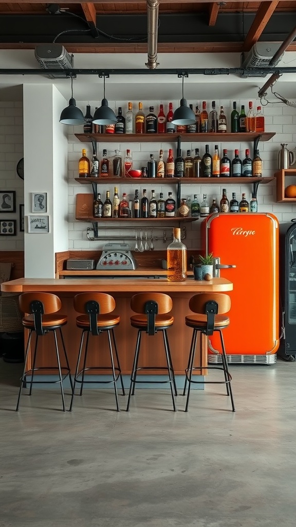 Stylish home bar setup with a wooden counter, bar stools, and shelves filled with various bottles.