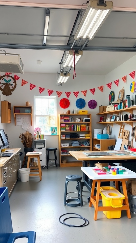 A bright and organized craft studio in a garage with various art supplies, tools, and colorful decorations.