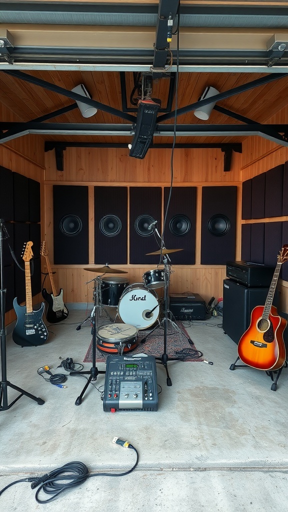 A garage set up as a music recording studio with drums, guitars, and audio equipment.