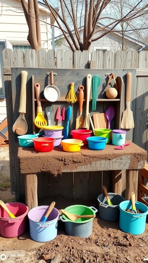 Colorful accessories in a mud kitchen with various buckets and utensils