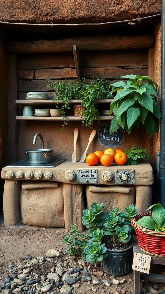 A mud kitchen with edible plants nearby, showcasing pots of herbs and fruits, creating a playful and educational environment.