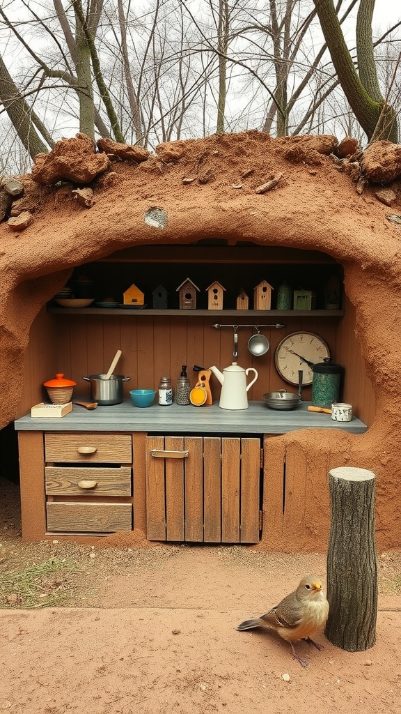 A charming mud kitchen surrounded by trees, featuring rustic shelves, pots, and a nearby bird.