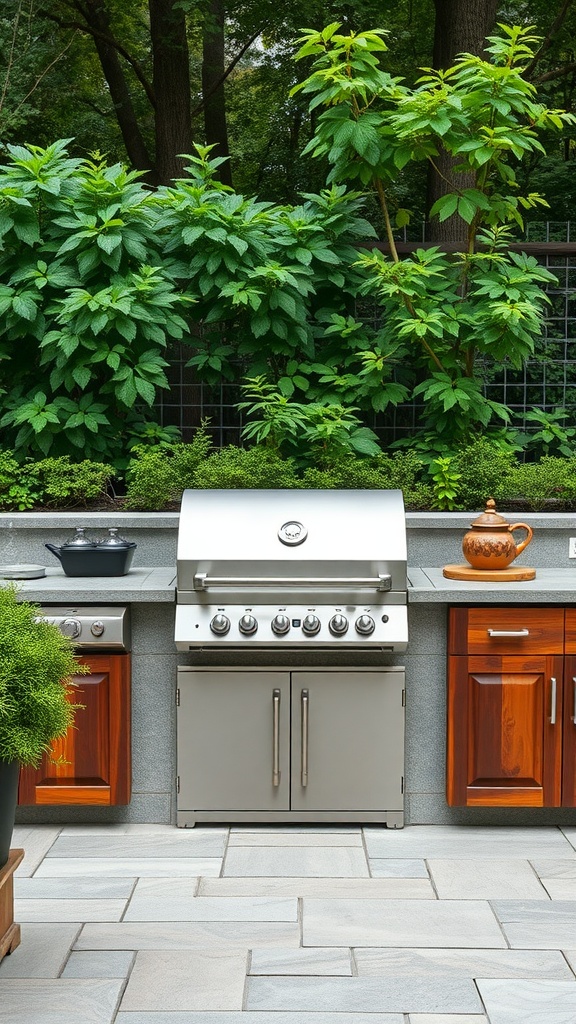 An outdoor kitchen with lush greenery, stainless steel grill, and wood cabinetry.