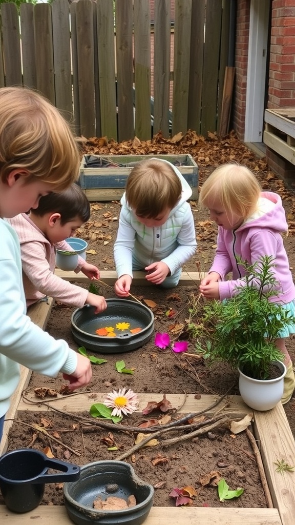 Children playing in a mud kitchen using flowers and leaves
