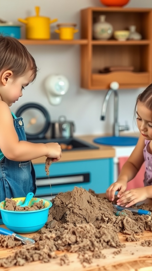 Two children playing with a mud kitchen setup, engaged in sensory play with sand-like material.