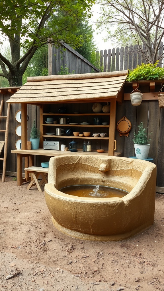 A mud kitchen with a water basin, wooden shelves, and outdoor setting