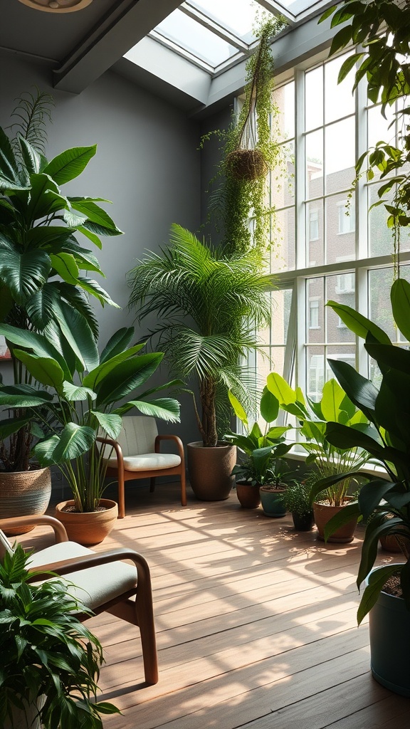 Bright indoor garden with various plants and comfortable seating