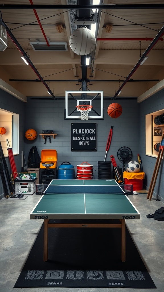 Indoor sports area with a ping pong table and basketball hoop in a garage