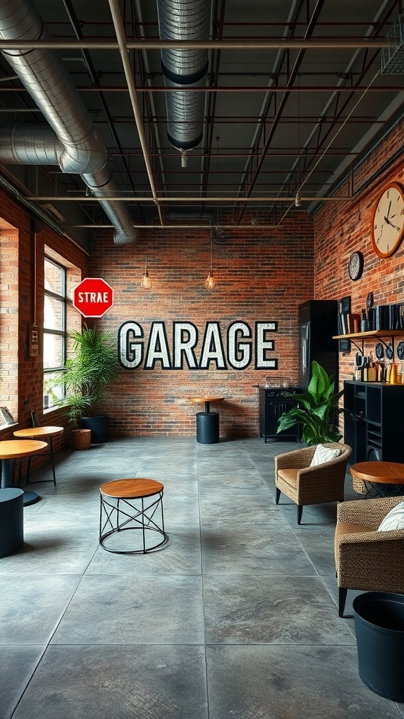 A stylish industrial lounge featuring exposed brick walls, modern furniture, and plants.