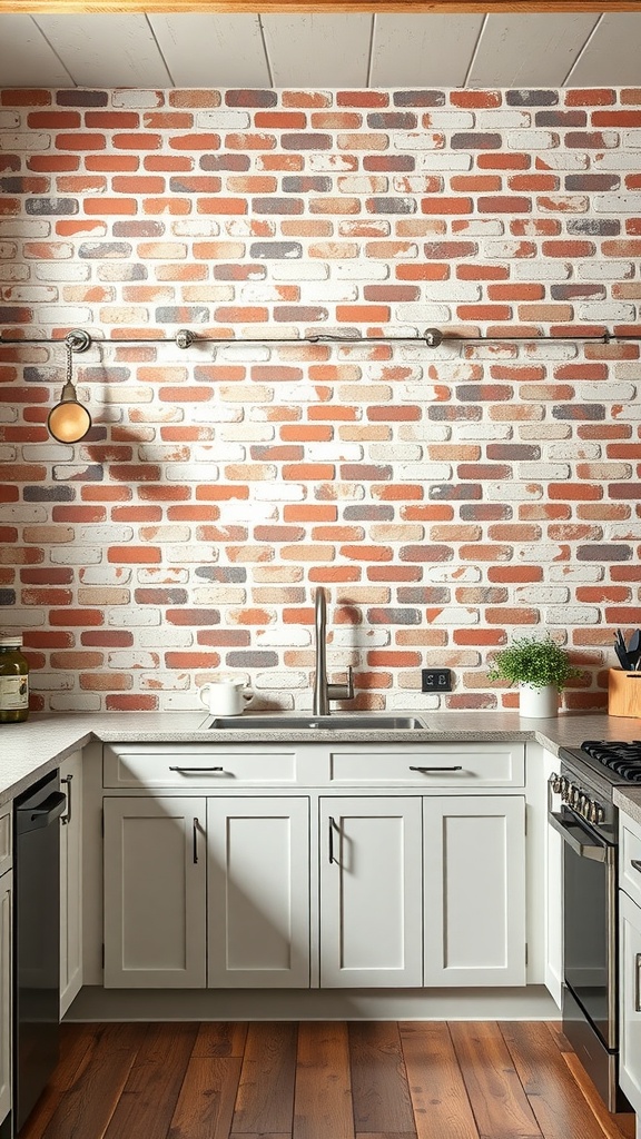 A modern kitchen featuring an exposed brick backsplash, sleek cabinetry, and an inviting atmosphere.