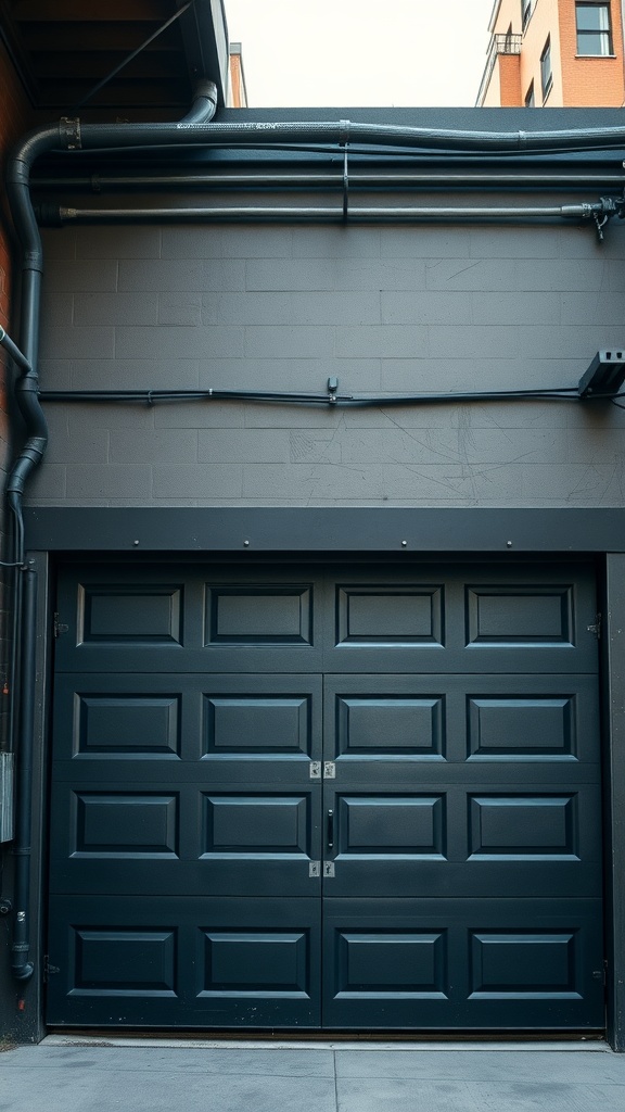Industrial style black garage door with textured panels