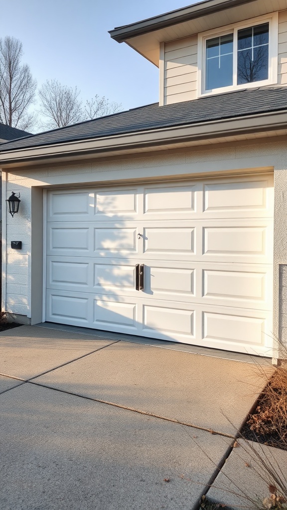 A modern white garage door with a clean design and sturdy hardware.