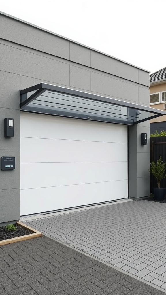 A modern garage door with a sleek design and remote-controlled opening mechanism.