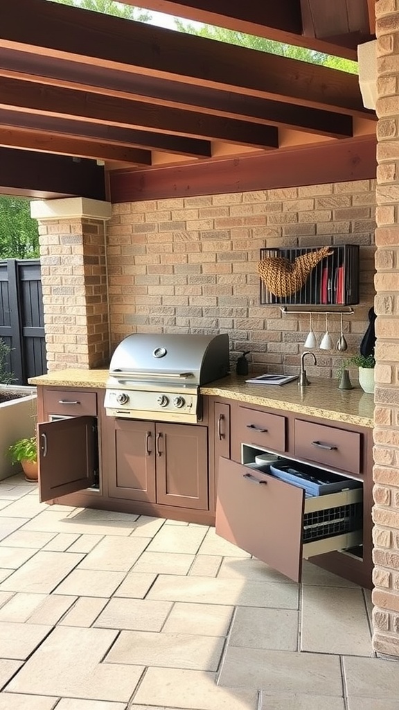 A covered outdoor kitchen with modern storage solutions, including cabinets and drawers.
