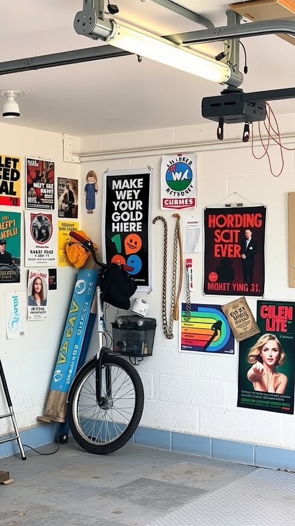 A garage wall decorated with a variety of colorful posters and art, featuring a bicycle propped against the wall.