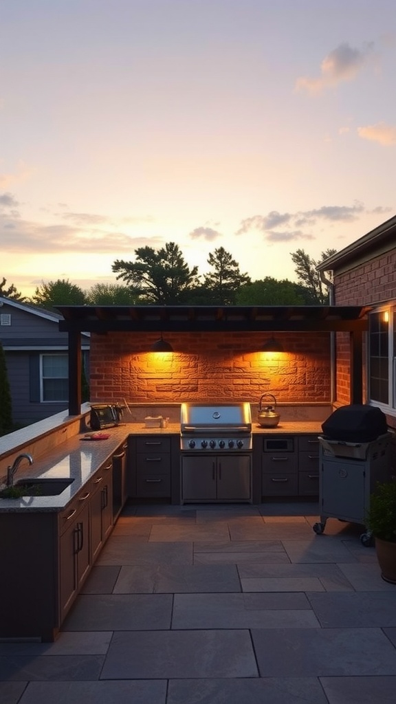 Outdoor kitchen with integrated lighting showcasing a warm glow against a sunset sky.