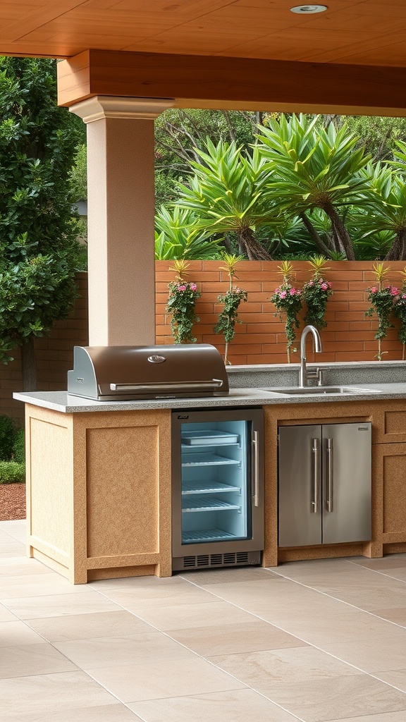 An outdoor kitchen with an integrated refrigerator, grill, and decorative plants