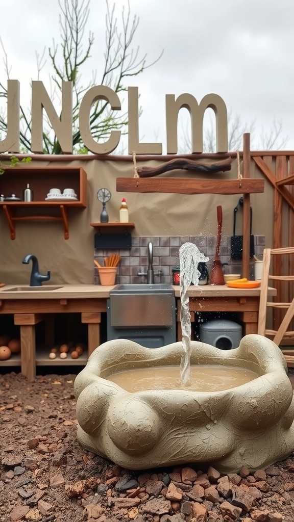 An interactive mud kitchen with a water feature, featuring a playful water basin and wooden shelves in an outdoor setting.