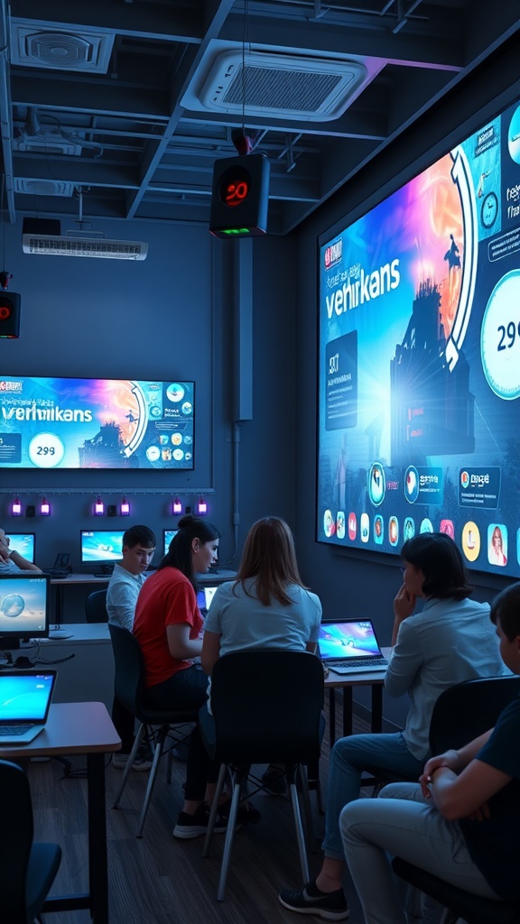 A group of people in a tech hub with large screens and computers, focusing on collaborative work.