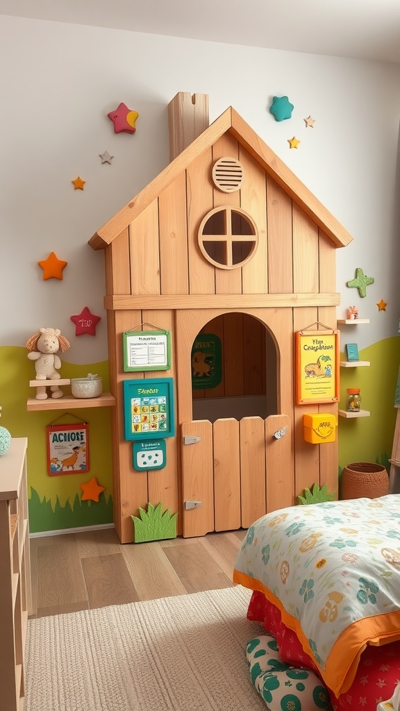 A wooden interactive wall playhouse with a small door, window, and colorful decorations, set against a cheerful room backdrop.