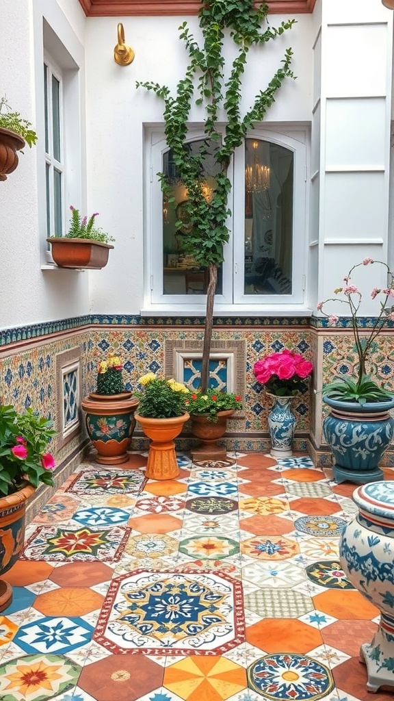 Colorful mosaic tiled patio with potted plants