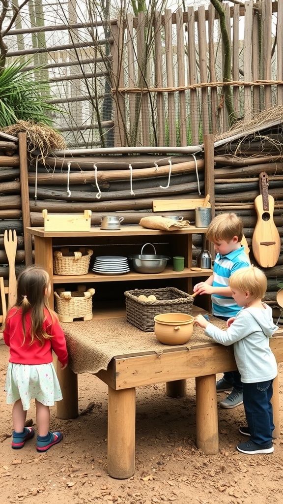 Children playing at a mud kitchen with wooden shelves, pots, and pretend food.