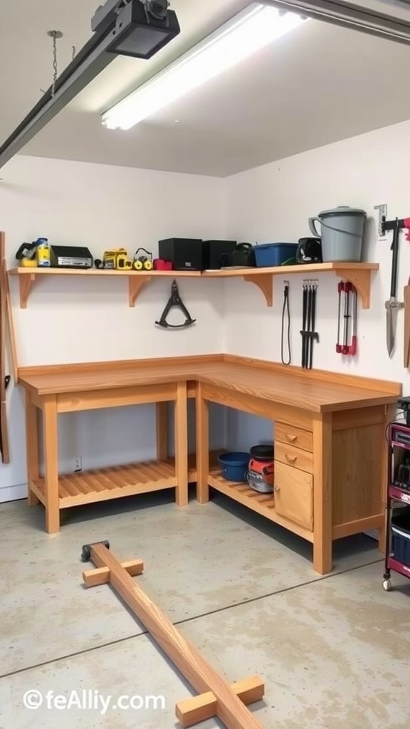 An L-shaped wooden workbench in a garage corner with tools and storage.