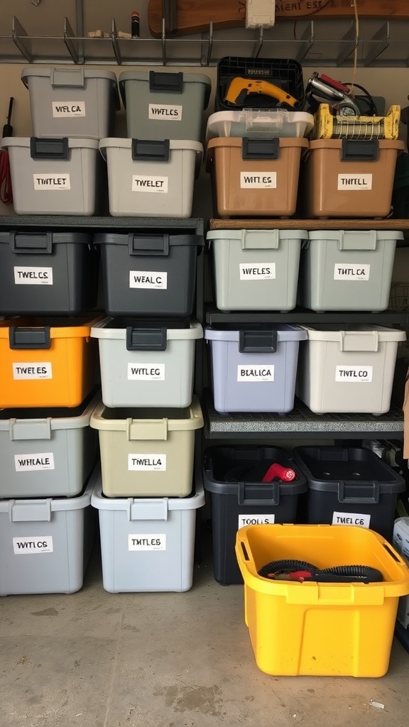 A neatly organized garage with labeled storage bins for tools.